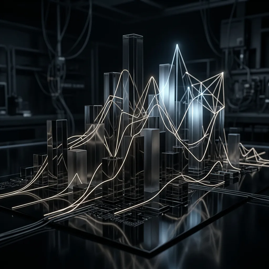 Business data as physical objects — dark glass bars and light sculptures on a reflective surface