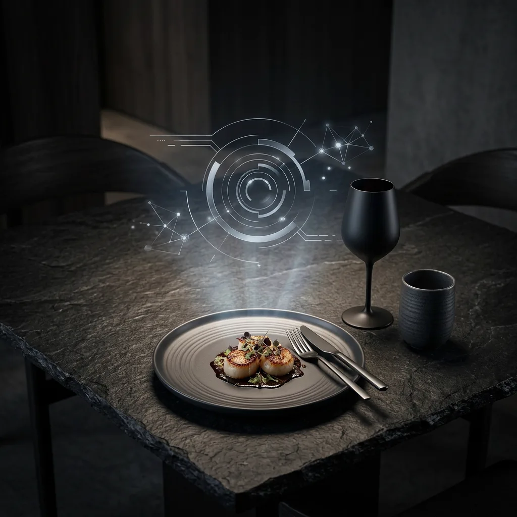 Premium dark dining scene with a subtle holographic glow of an automated ordering system