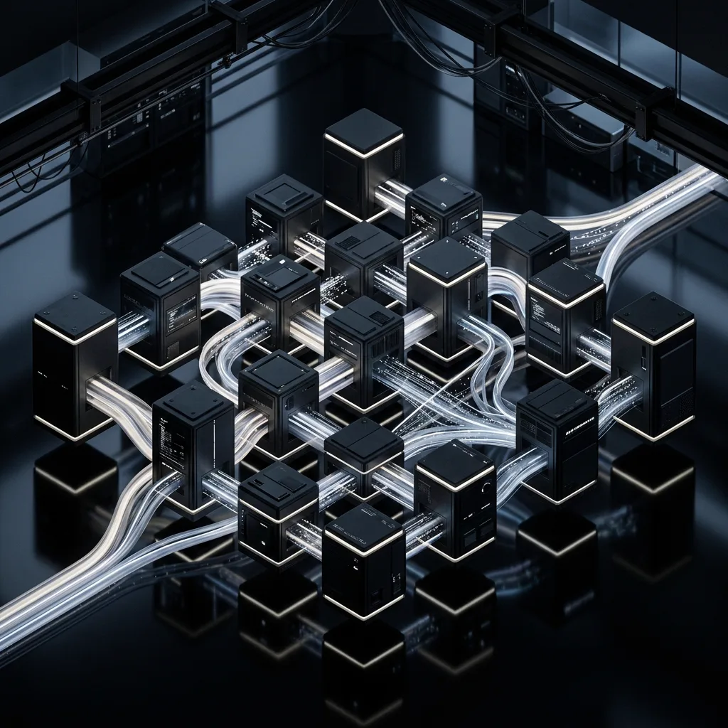 Connected intelligent systems — dark modules linked by flowing ribbons of light
