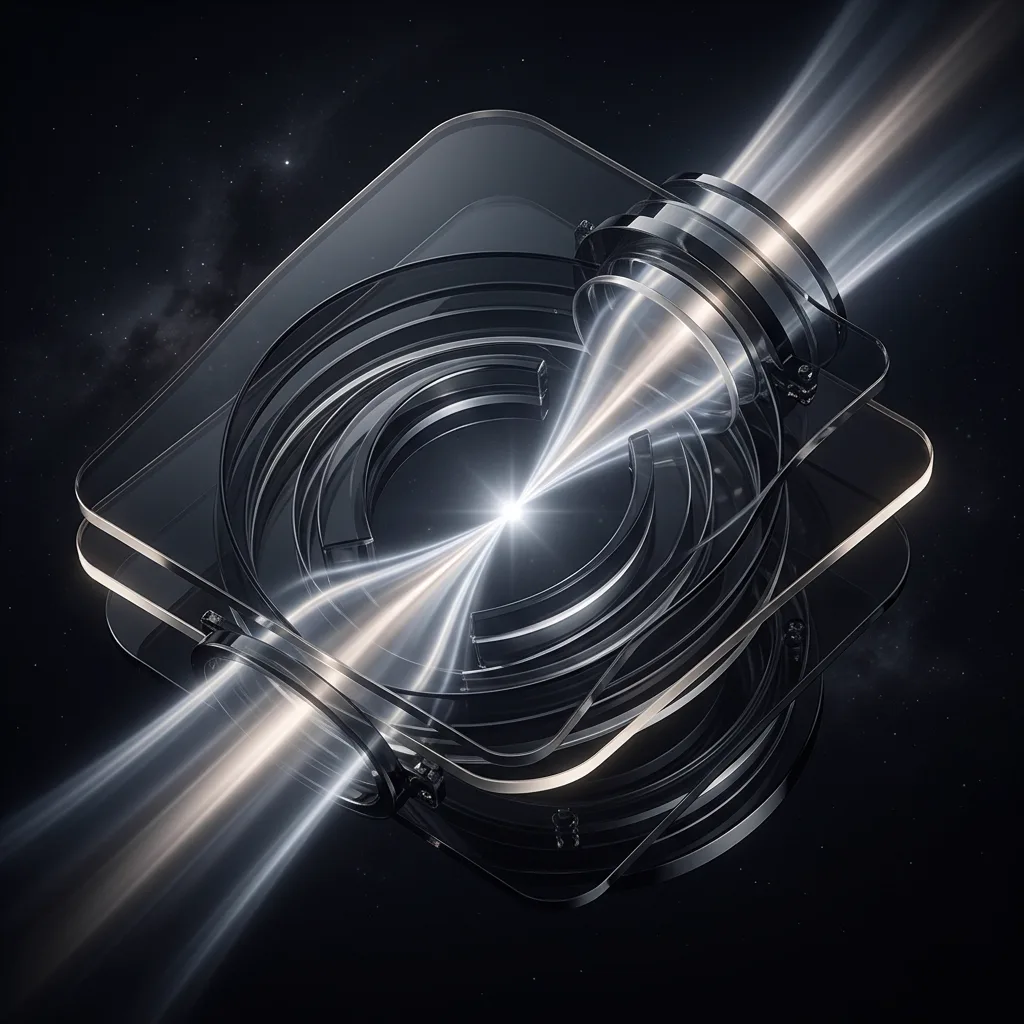 A futuristic conversion ecosystem — layered glass planes converging streams of light into a single focal point