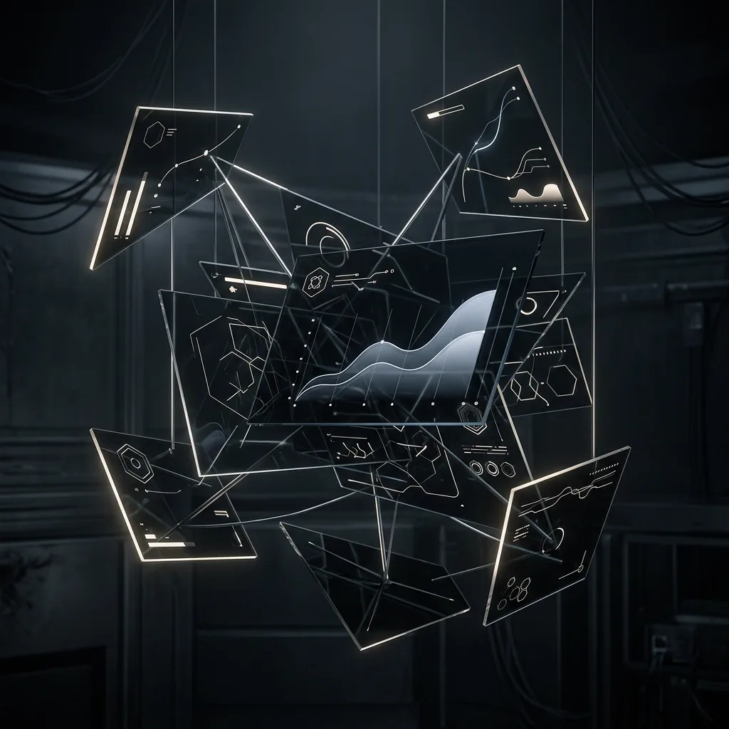 A digital command center — floating glass dashboard panels with minimal glowing indicators