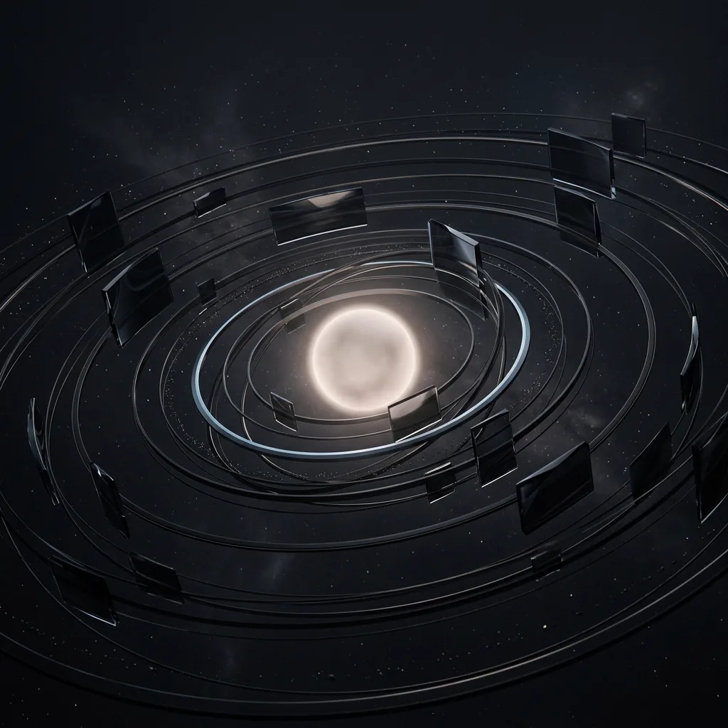 A digital brand universe — orbital rings and monolithic glass panels around a glowing core