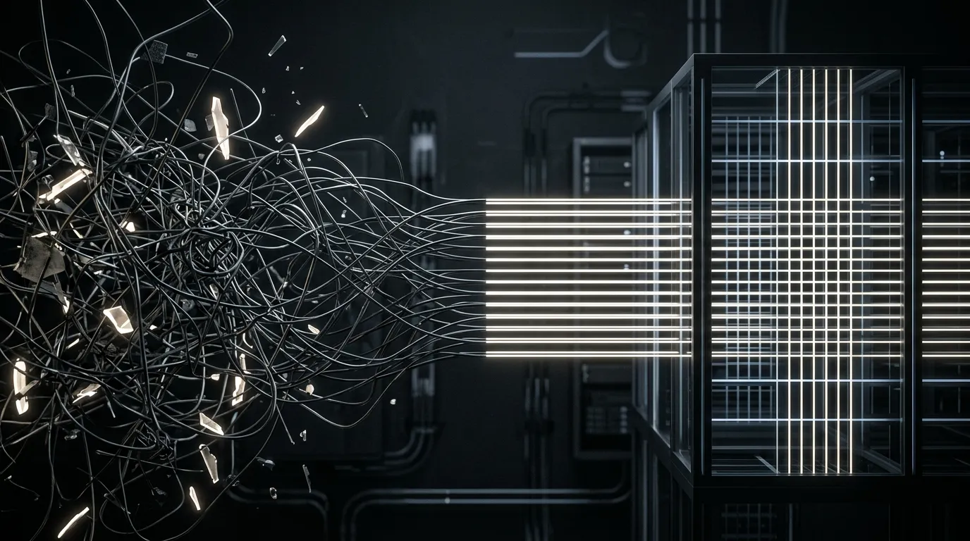 Chaotic tangle of wires resolving into clean ordered lines — broken processes becoming an organized system